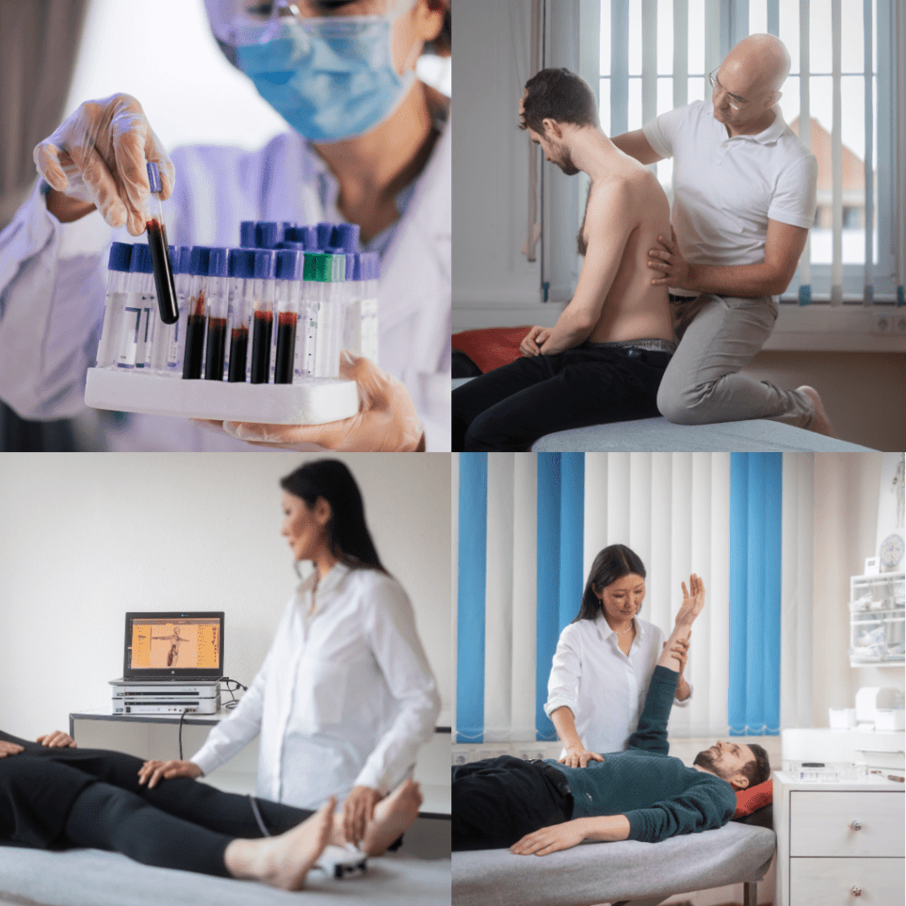 Collage von vier Bildern, die verschiedene Aspekte der medizinischen Praxis darstellen: Labortests mit Blutproben, osteopathische Rückenbehandlung, Vitalfelddiagnostik an den Beinen einer Patientin und eine osteopathische Armbehandlung.